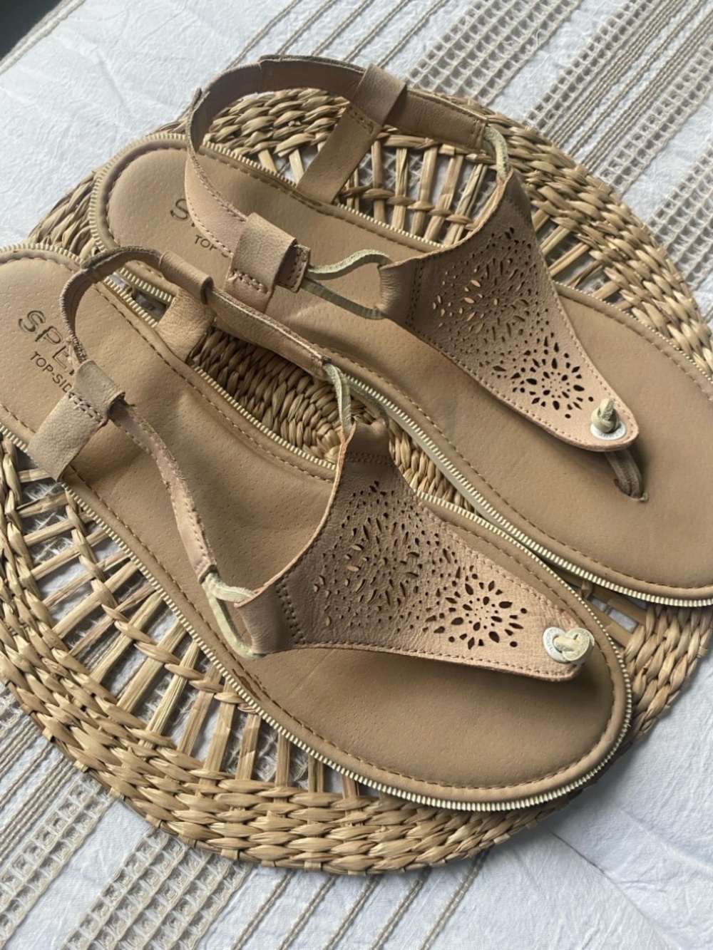Sperry Top Slider Calla Jade in Tan Laser-Cut Thong Sandals